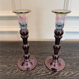 Pair of Victorian iridescent glass candlesticks
